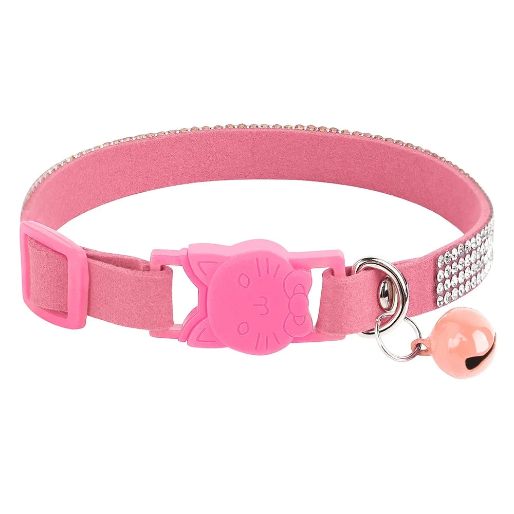 Weiches Rosa Wildleder-Katzenhalsband für Katze – Strasssteine, Glöckchen, Sicherheitsverschluss & Verstellbare Passform Kaufschwan®