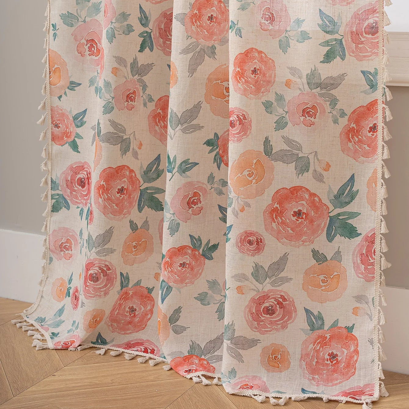 Rosa Blumen Vorhang mit Leinenoptik Lichtdurchlässig im Shabby Chic Stil für Wohnzimmer Kaufschwan®