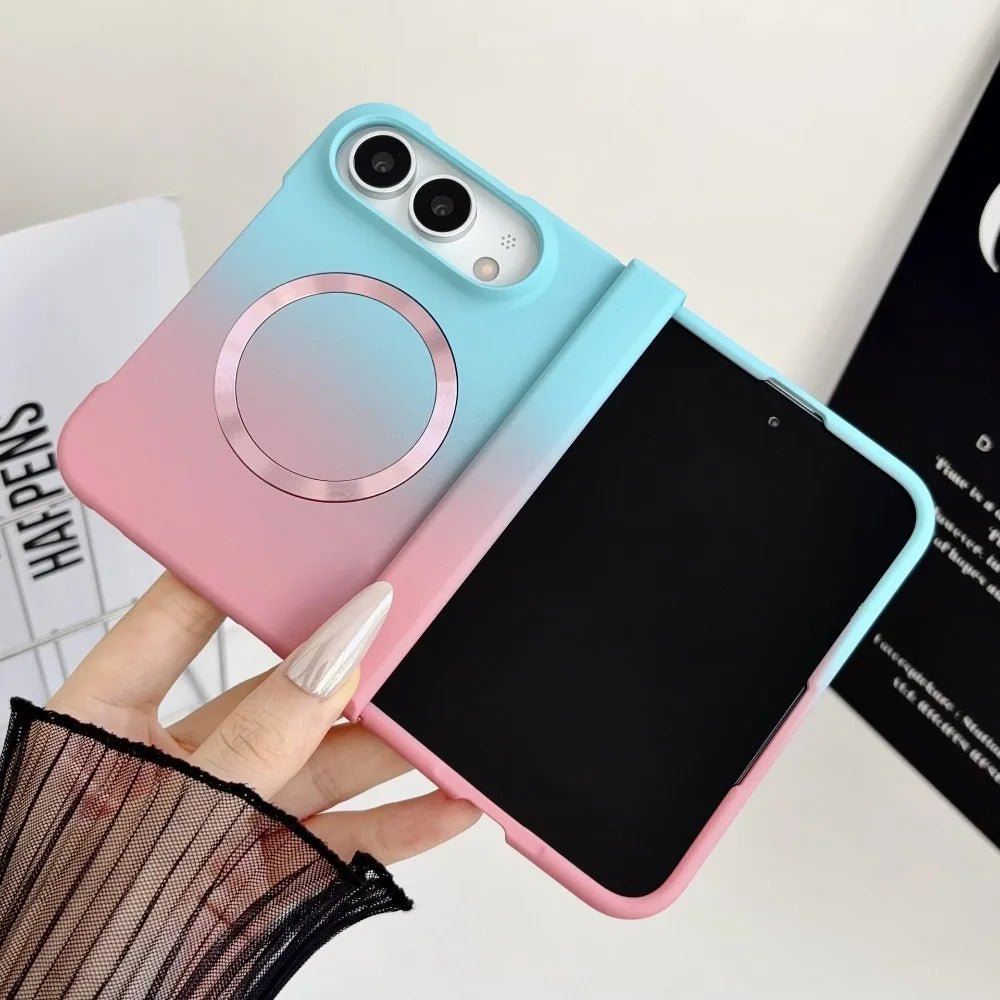 Magnetische Schutzhülle mit Farbverlauf für iPhone Duo Ultra 18 Fold – MagSafe-Kompatible Matte Hart-PC-Hülle mit Scharnierschutz Kaufschwan® Blau-Rosa iPhone Duo