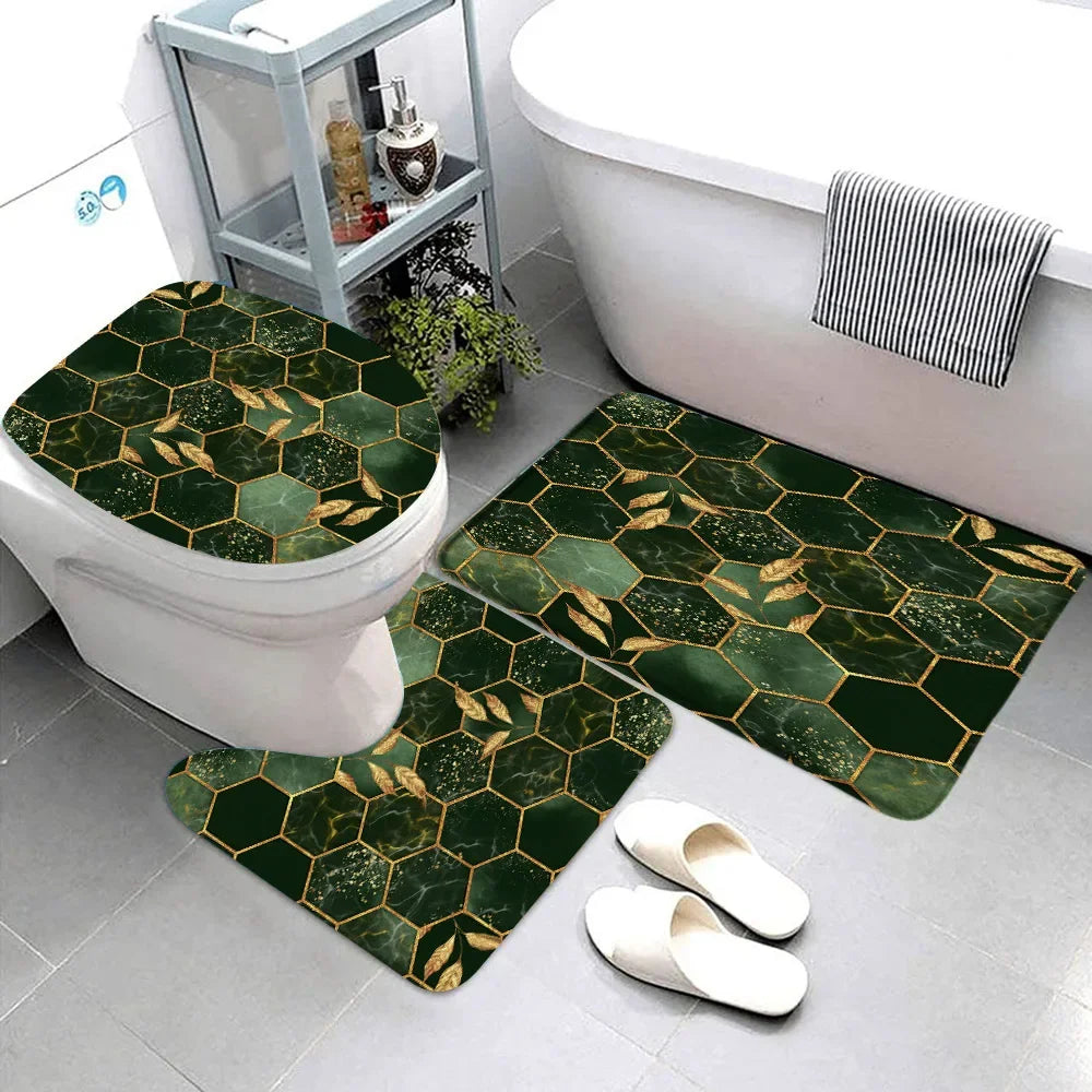 3-teiliges Badematten-Set Schwarz Marmor – Gold & Grau, Rutschfest, Geometrisches Design Kaufschwan®