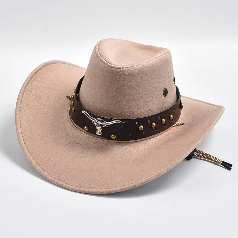 Künstlicher Wildleder Western Cowboy Hut – Vintage Großkrempe Gentleman & Cowgirl Jazz Hut, Feiertage, Party & Cosplay Kaufschwan® Sekt 56-58cm