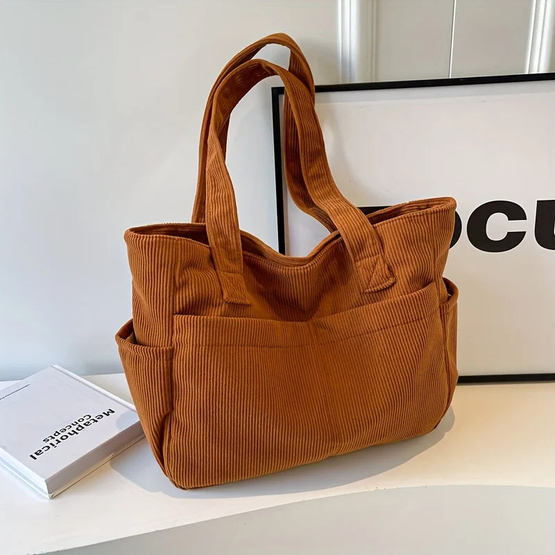 Damen Casual Cord Tote Bag – Gestreifte Schultertasche mit Reißverschluss | Große Kapazität Handtasche für Alltag & Shopping Kaufschwan® Braun