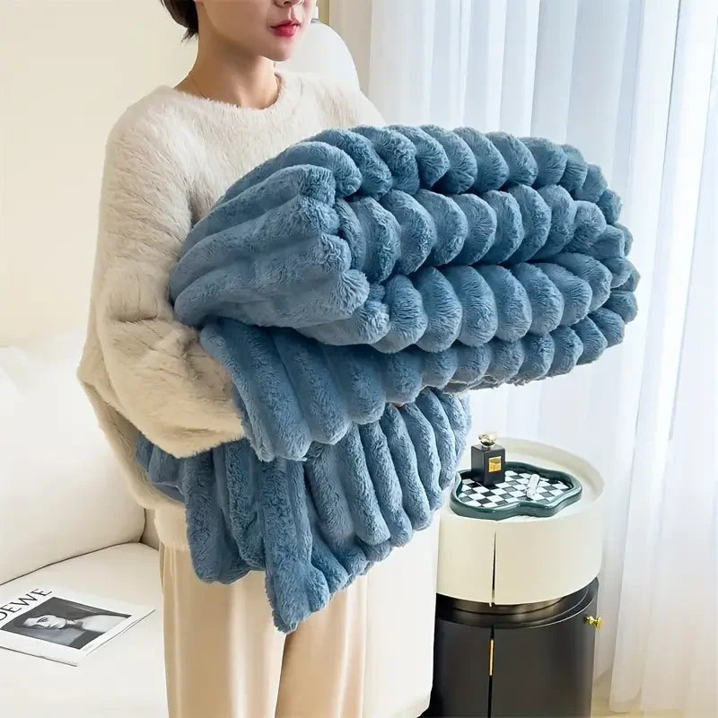 Schlichte einfarbige dicke Flanell-Decke mit breitem Streifen – Multifunktionale warme Herbst- und Winterdecke für Schlafzimmer & Freizeit Kaufschwan® Blau 150x200cm