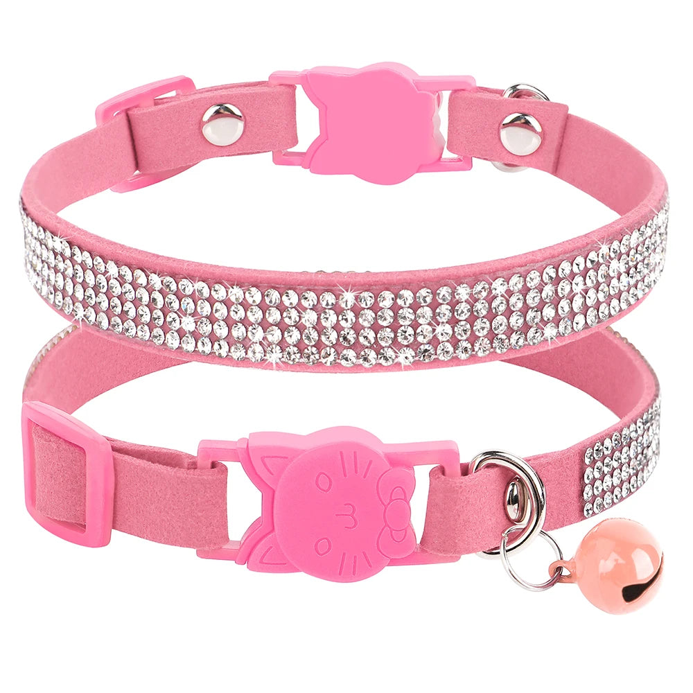 Weiches Rosa Wildleder-Katzenhalsband für Katze – Strasssteine, Glöckchen, Sicherheitsverschluss & Verstellbare Passform Kaufschwan®