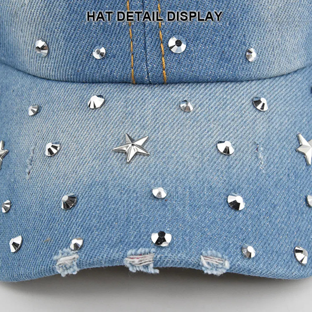 Denim Baseballkappe Damen | Gewaschener Vintage-Hut mit Rivet Star | Snapback Sonnenhut für Damen & Herren | Sommer Outdoor Freizeit Kaufschwan®