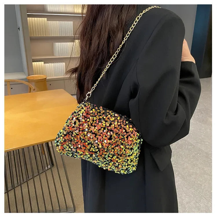 Pailletten Crossbody Kettentasche – Einfarbige Schultertasche, Underarm Bag & Abend Clutch Handtasche für Damen Kaufschwan®