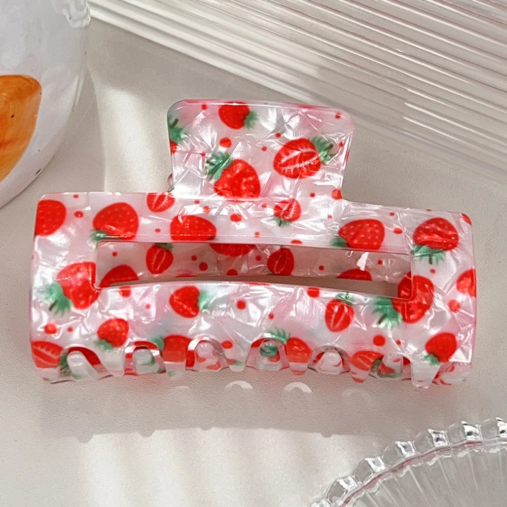 Acryl Haarklammer mit Fruchtmotiv – Quadratische offene Form, großer Shark-Clip für dickes Haar Kaufschwan® Erdbeere