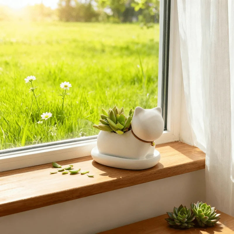 Niedlicher Cartoon Katzen Blumentopf – Kreatives Katzen Gesicht Design | Leichter Anti-Rutsch Pflanztopf für Büro, Lernen & Balkon Kaufschwan®