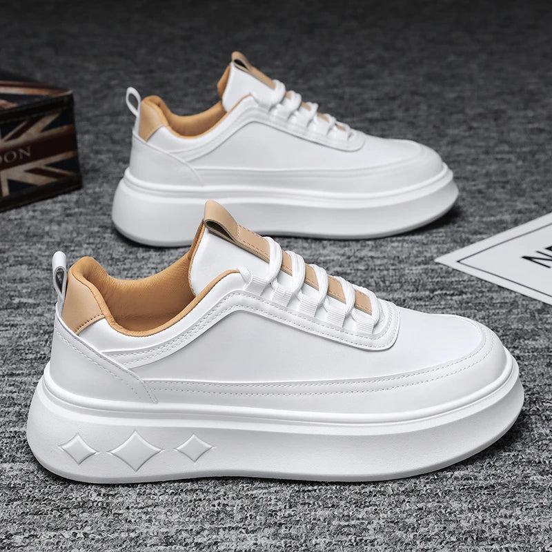 Modische Weiße Herren Sneaker – Plattform Sportschuhe für Outdoor Running | Atmungsaktive Leichte Laufschuhe mit Höheneffekt Kaufschwan® Weiß Braun 39