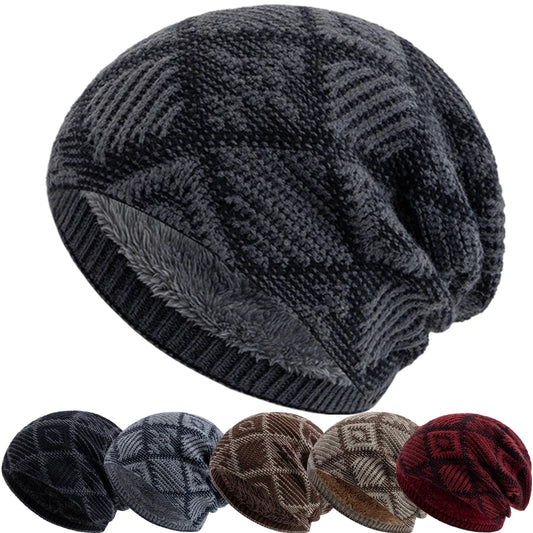 Unisex Winter Mütze – Farbblockierte Diamant-Strickmütze mit Plüschfellfutter | Warme Outdoor-Mütze für Damen & Herren Kaufschwan®