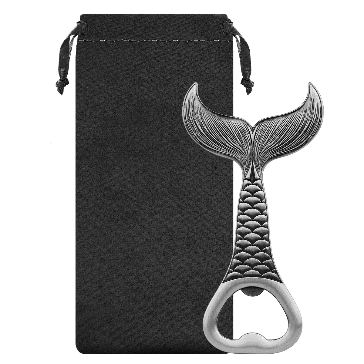 Fischschwanz Bierflaschenöffner aus Metall – Luxuriöser Korkenzieher für Angler Kaufschwan® Silber mit Tasche