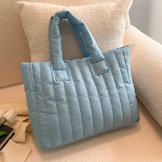 Damen Tote Bag mit Großer Kapazität – Gestepptes Nylon mit Baumwollpolsterung | Einfarbige Casual Fashion Schultertasche Kaufschwan® Blau