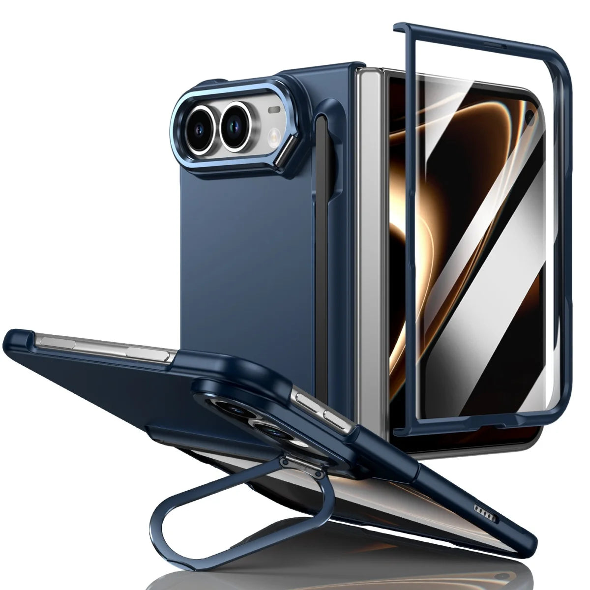 Schützende Klapphülle für iPhone Duo – Stoßfeste Hart-PC-Hülle mit Stifthalter, Displayschutz, Scharnierschutz und Metallständer Kaufschwan®