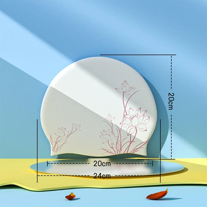 Silikon Schwimmkappe für Damen – Wasserdichte Badehaube mit Lotusmuster | Weiche & Elastische Schwimmhaube für Langes Haar mit Ohrenschutz