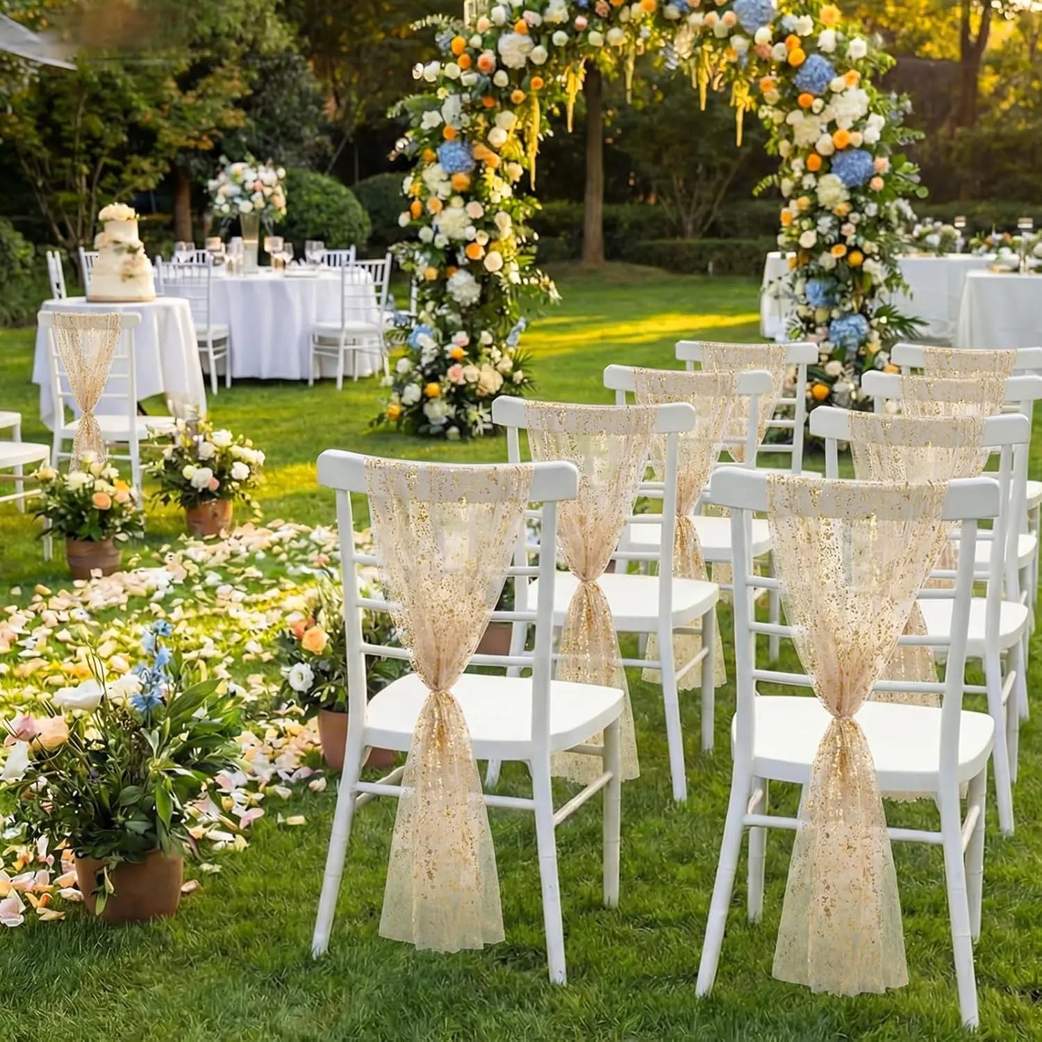 Goldfolien Stuhlschleifen – Glänzende Metallic Schleifen für Hochzeit & Events Kaufschwan®