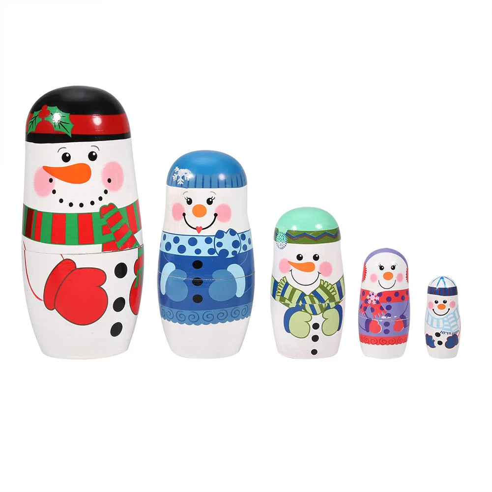 5 Stück Handbemalte Weihnachts-Matrjoschka – Holz-Nestpuppen Set | Niedliche Dekoration & Geschenk für Kinder