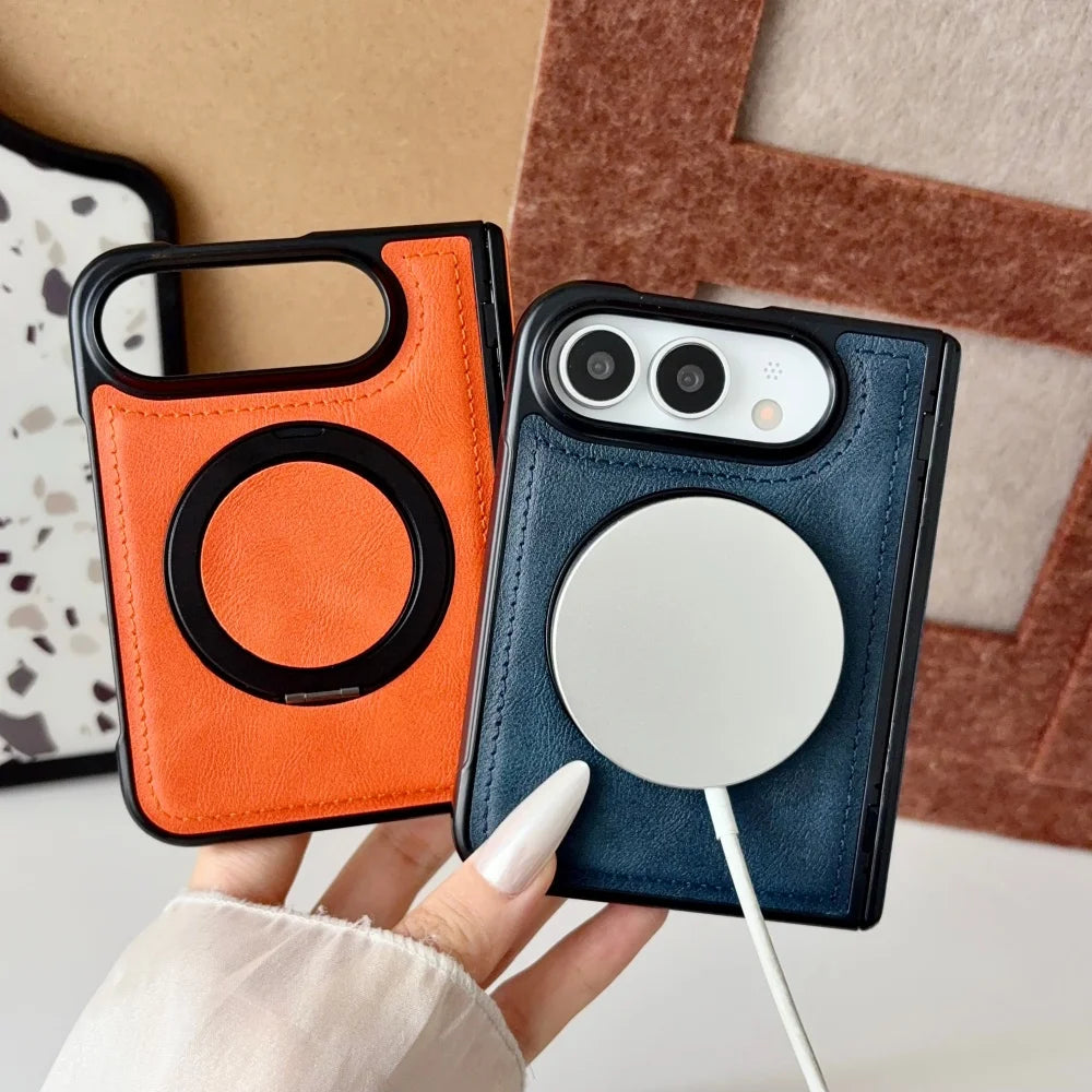 Luxuriöse Retro-Schutzhülle in Lederoptik für iPhone Duo 18 Fold und 18 Duo – Magnetische MagSafe-Kompatible Hülle mit Drehbarem Ständer und Stoßschutz Kaufschwan®