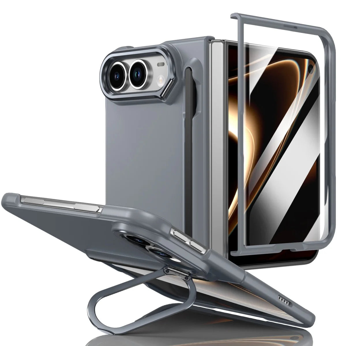 Schützende Klapphülle für iPhone Duo – Stoßfeste Hart-PC-Hülle mit Stifthalter, Displayschutz, Scharnierschutz und Metallständer Kaufschwan®