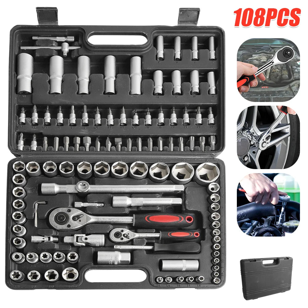 108-teiliges Steckschlüssel Set Auto Reparatur Werkzeug Ratsche & Drehmomentschlüssel Kombination Werkzeugkoffer