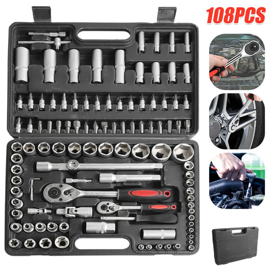 108-teiliges Steckschlüssel Set Auto Reparatur Werkzeug Ratsche & Drehmomentschlüssel Kombination Werkzeugkoffer