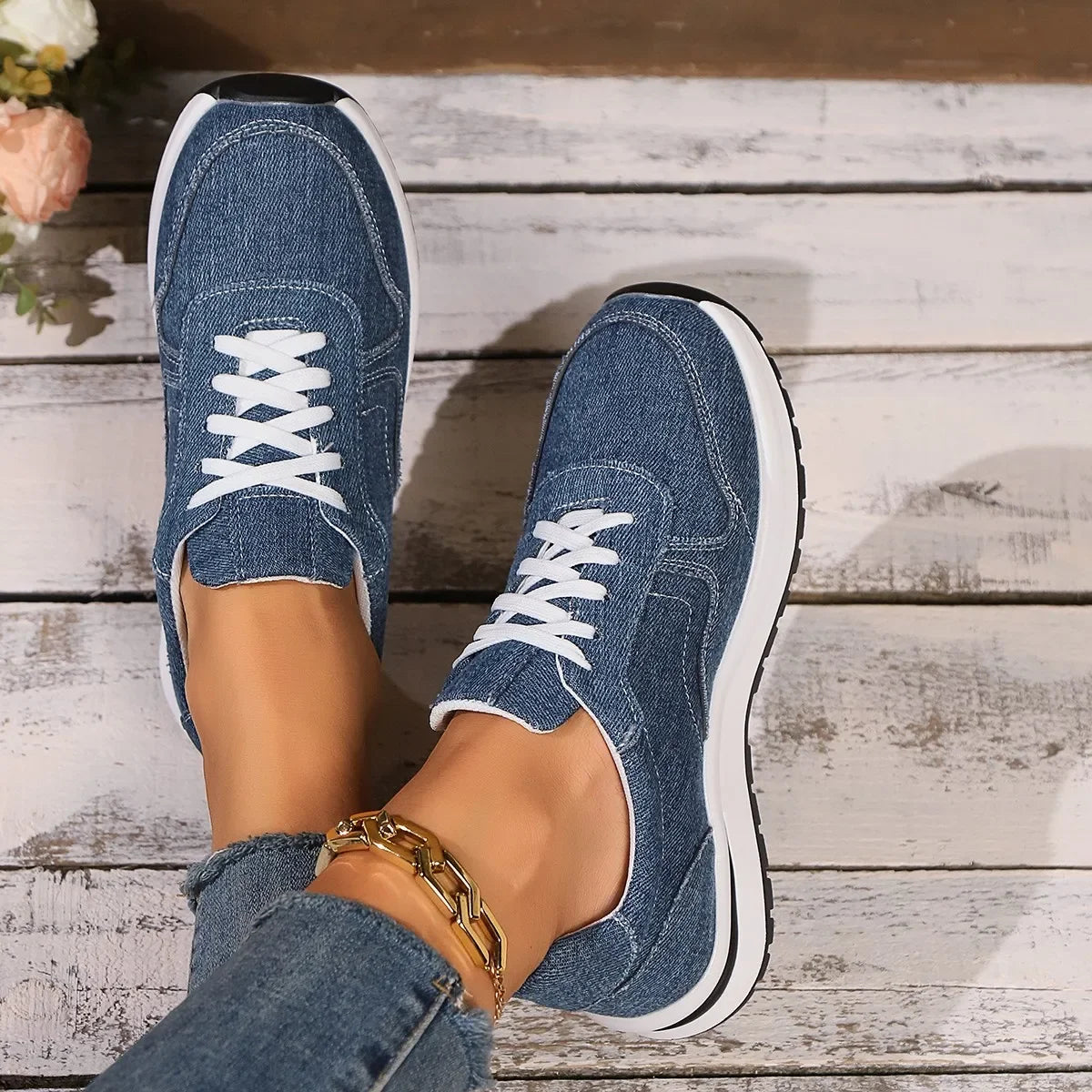 Blaue Denim Damen Plateau-Sneaker – Modische Schnürschuhe mit Dicker Sohle | Bequeme Freizeit-Sneaker in Übergrößen bis 43 Kaufschwan®