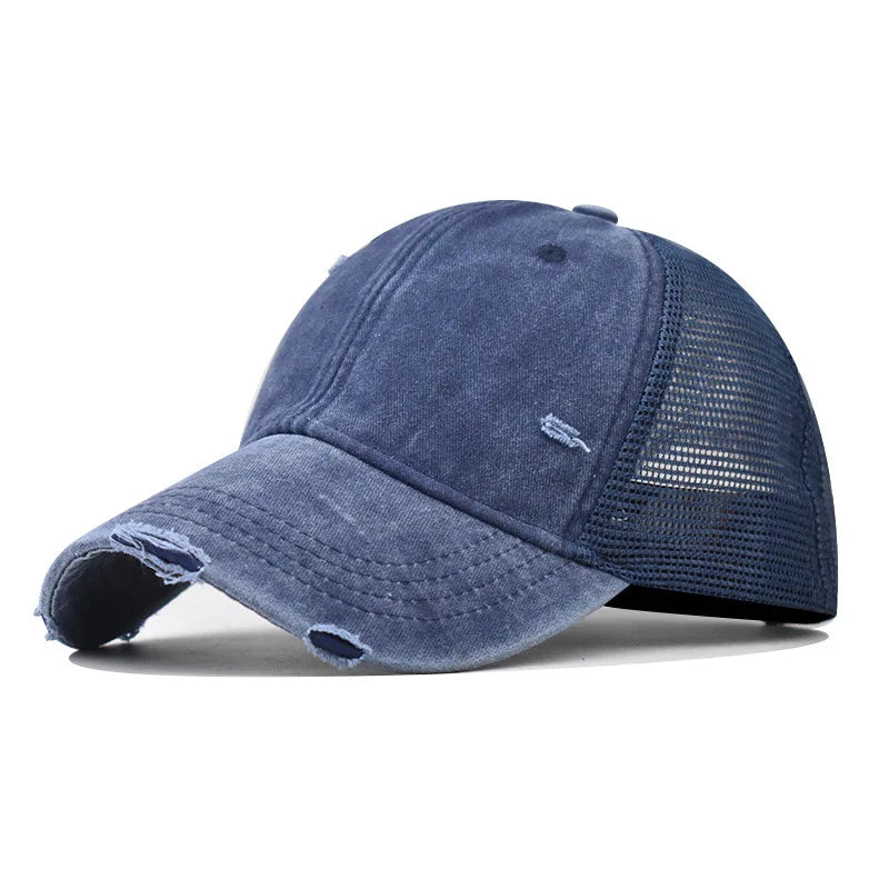 Washed Cotton Mesh Baseballkappe | Vintage Ripped Leichte Kappe für Herren & Damen | Atmungsaktive Frühlings- & Sommermode Kaufschwan® Marine