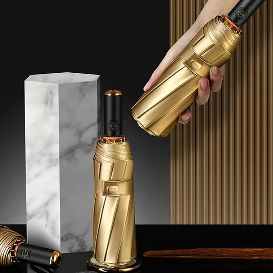 Luxus Gold Automatikschirm – Tragbarer Damen 3-Fach Faltbarer UV-Schutz Sonnenschirm, 10K Doppel-Lagen Winddichter Schirm für Mädchen