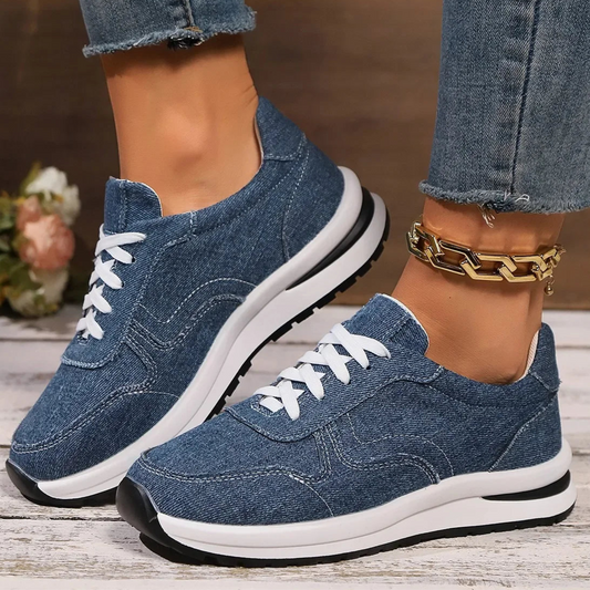 Blaue Denim Damen Plateau-Sneaker – Modische Schnürschuhe mit Dicker Sohle | Bequeme Freizeit-Sneaker in Übergrößen bis 43 Kaufschwan®