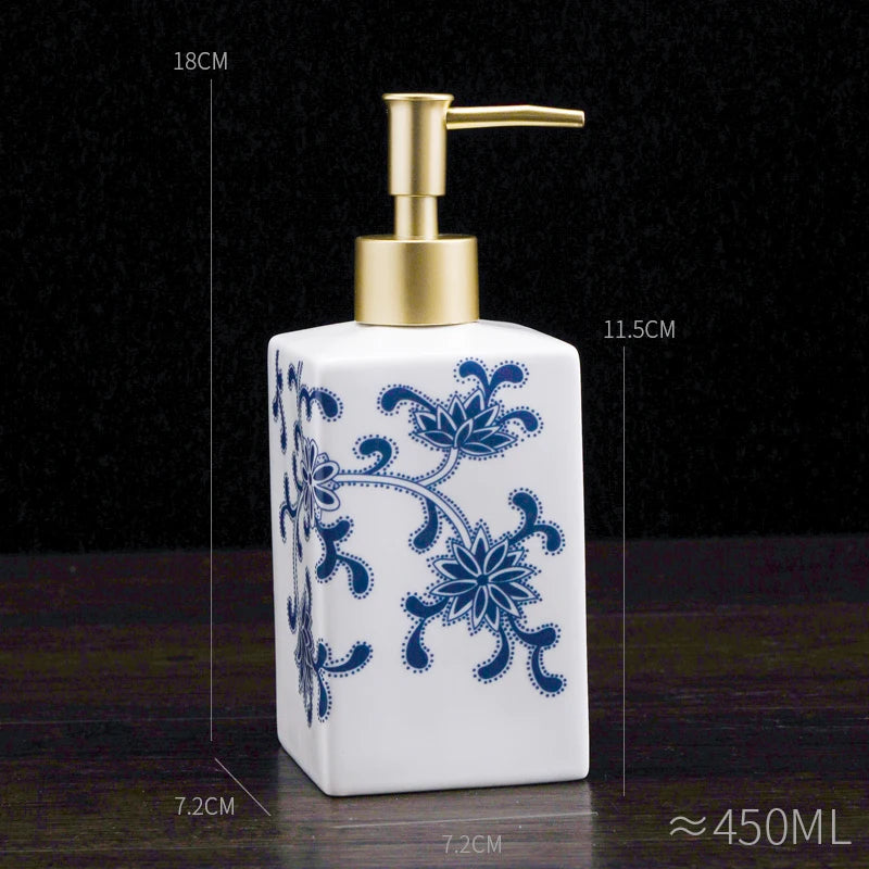 Blau-weiße Keramik-Lotion- und Desinfektionsmittelflasche – Quadratischer Spender für Shampoo, Duschgel & Badezimmer Kaufschwan® A-1