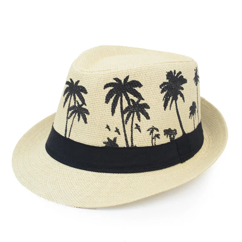 Sommer Strohhut – Herren & Damen, Kokosbaum-Muster, Outdoor Atmungsaktiv, Tropischer Jazz Fedora, Panama Hut Kaufschwan® Beige