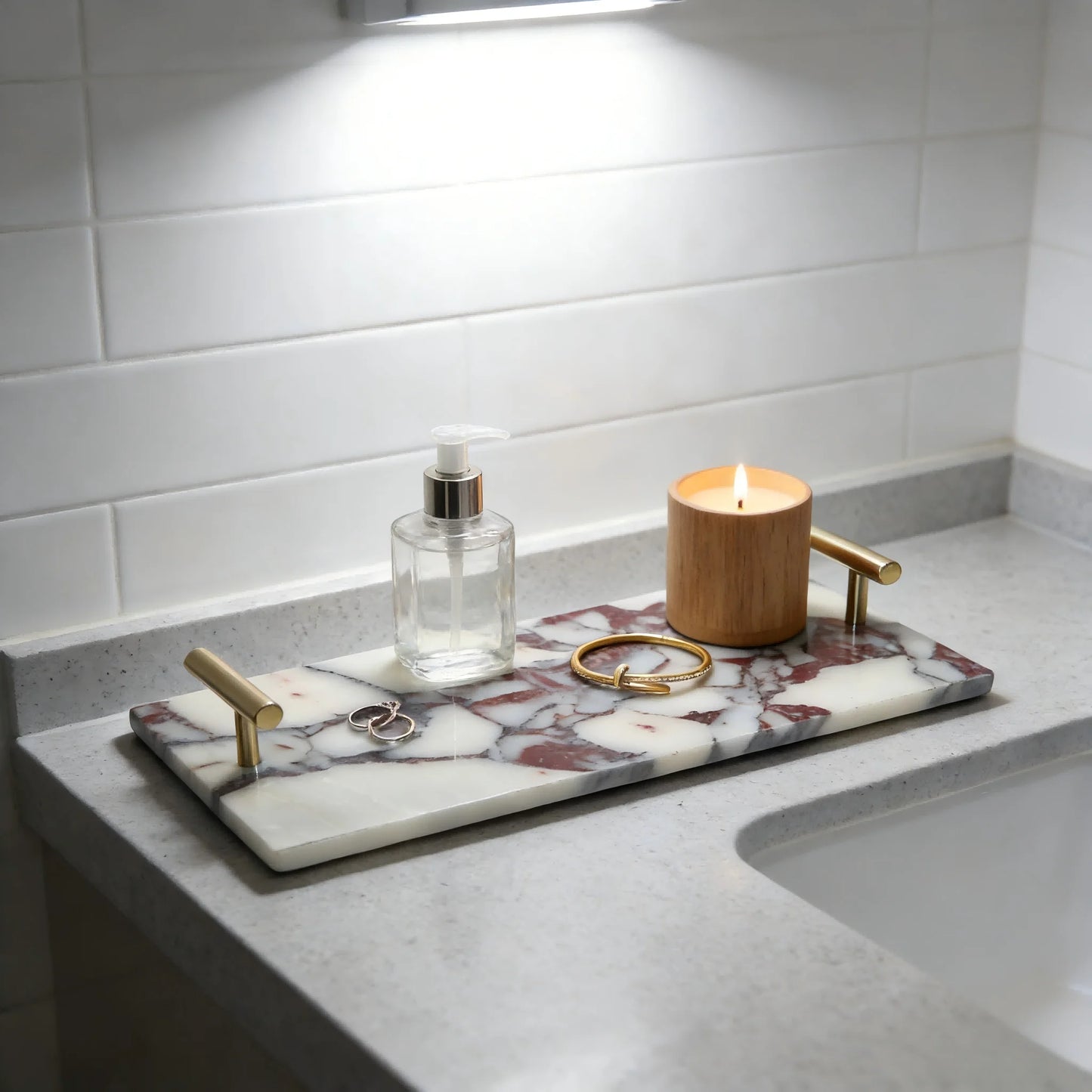 Marmor Badezimmer-Tablett – Eleganter Naturstein Organizer für Waschtisch, Handtücher, Schmuck & Dekoration Kaufschwan®