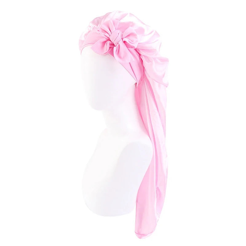 Lange Übergroße Satin-Schlafhaube für Damen – Atmungsaktive Elastische Haarhaube mit Schleifenband für die Nacht Kaufschwan® Rosa