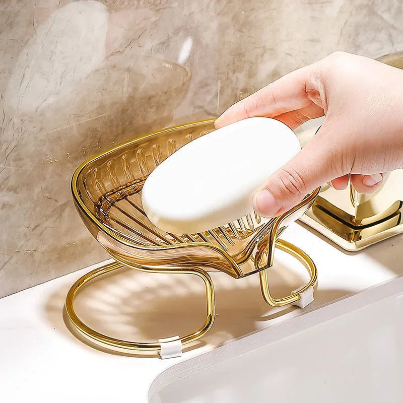 Seifenablage mit Goldrand – Eckiger Bad-Organizer mit Abfluss für Seife & Schwamm Kaufschwan®