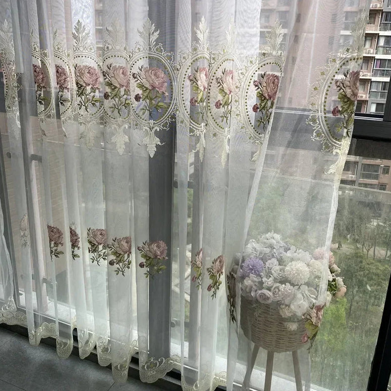 Luxus Pfingstrosen Bestickter Tüll Transparenter Vorhang Europäischer Stil für Wohnzimmer Schlafzimmer Kaufschwan®