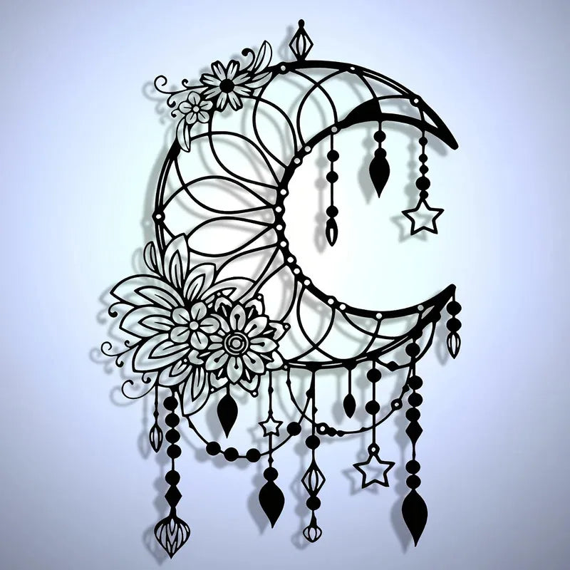 Elegantes Gothisches Mond & Blumen Metall Wandbild – Modernes Hängedekor