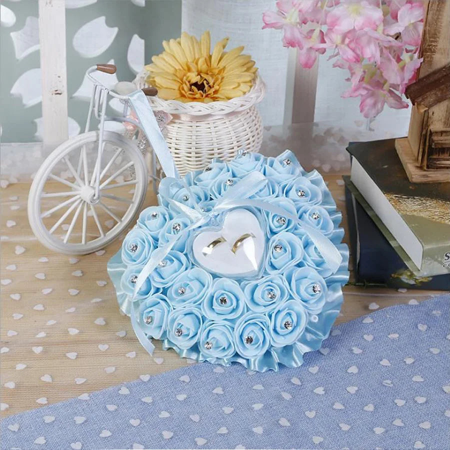 Herz Ringkissen mit Perlen und Rosen – Romantischer Ringhalter für Hochzeiten Kaufschwan® Blau