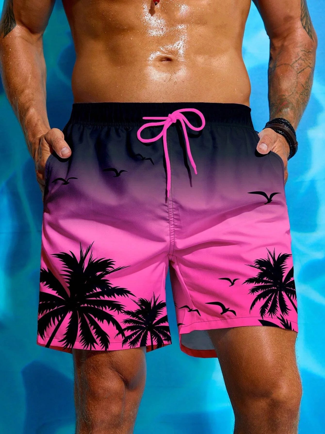 Herren Badeshorts mit Palmenmuster – Sommer Boardshorts mit Kordelzug | 3D Druck Atmungsaktive Strandshorts Streetwear