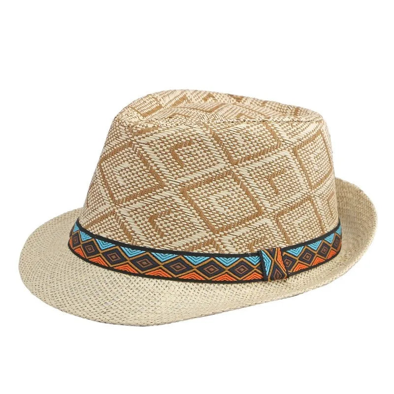 Retro Sonnenhut – Britischer Top Hat Stil, Geometrischer Strohhut mit Gürtel, Unisex Strand & Partner Fedoras