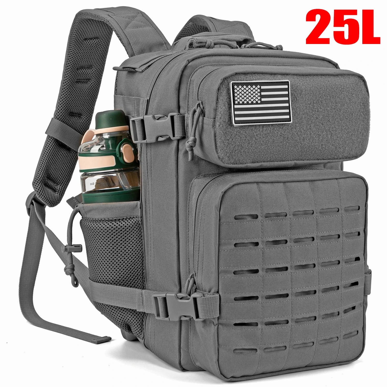 25L Rucksack | Outdoor Survival, Wandern & Fitness | Rucksack für Damen & Herren mit Doppel-Flaschenhalter Kaufschwan® Grau