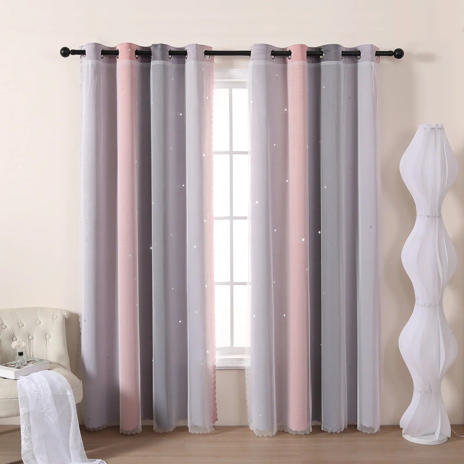 Grau Rosa Farbverlauf Stern Ausschnitt Halb Verdunkelungsvorhang für Mädchen Schlafzimmer Wohnzimmer 2 Stück/Set Kaufschwan®