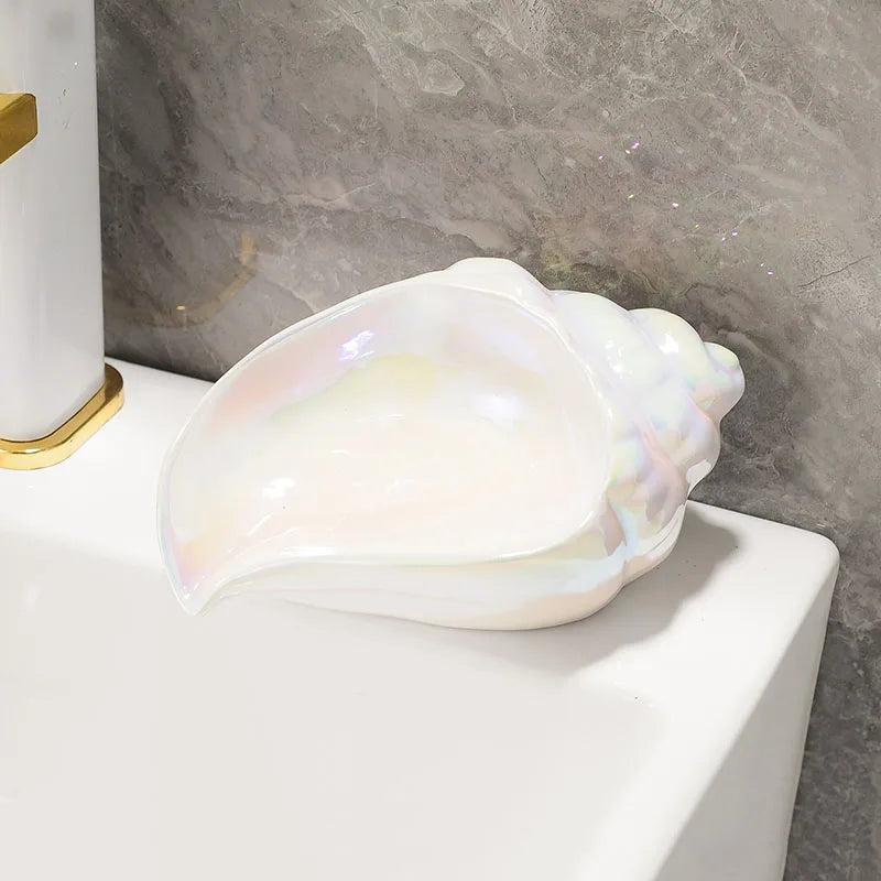Muschel Keramik-Seifenschale – Stilvoller Seifenhalter mit Abflussdesign für Bad, Waschbecken oder Dusche Kaufschwan® Weiß