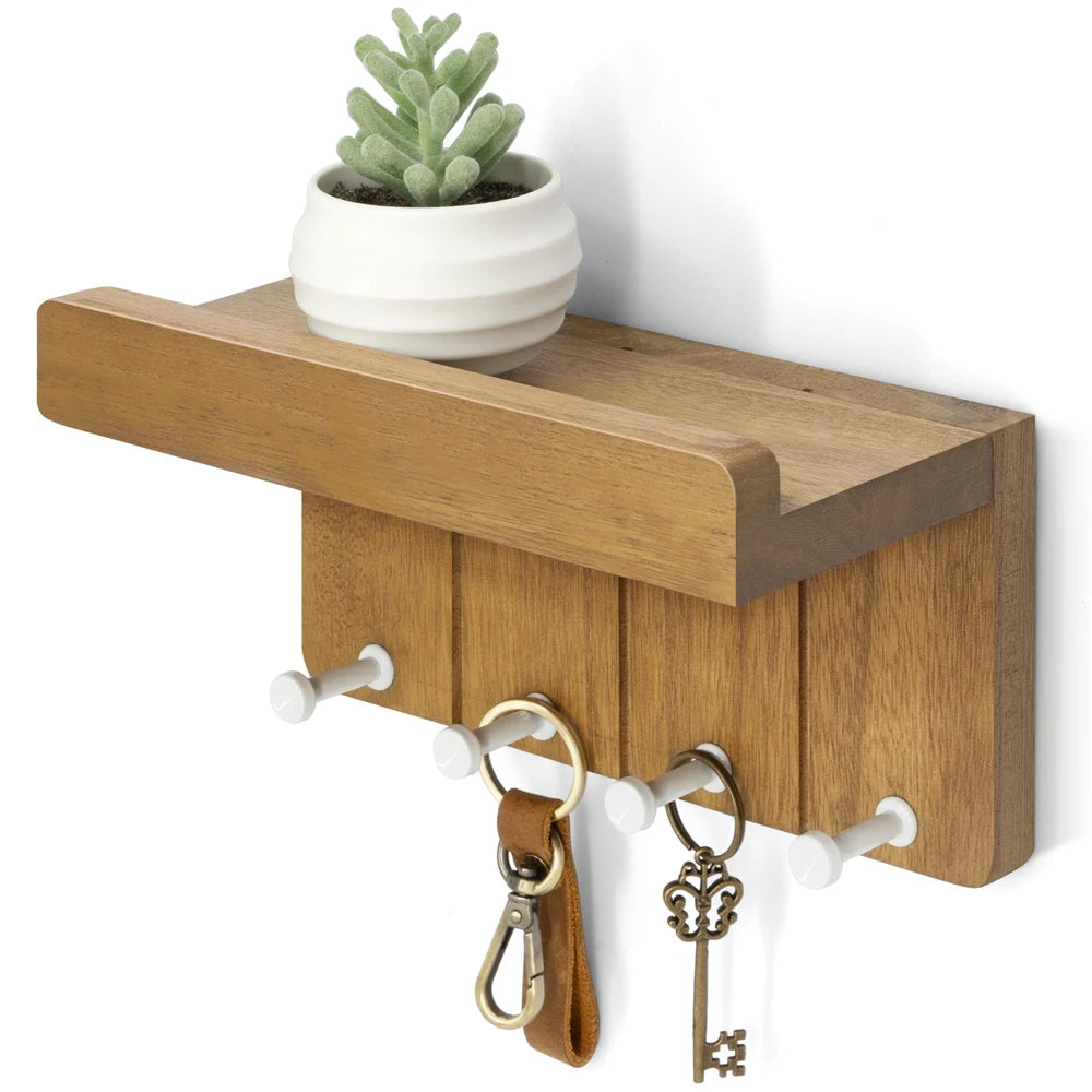 Kleiner Schlüssel- & Posthalter aus Holz mit Ablage – Wandregal im Rustikalen Stil | Schwimmendes Wandregal für Flur & Eingangsbereich
