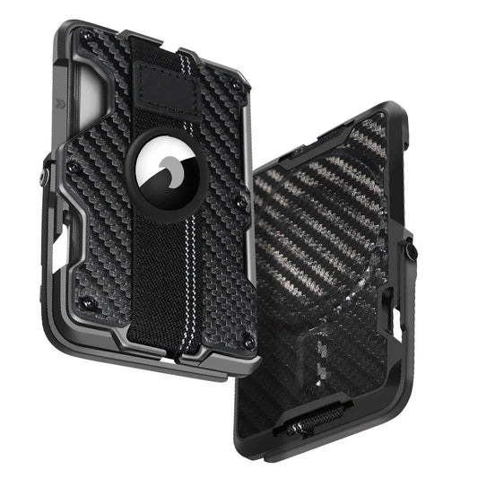 Aluminiumlegierung Carbonfaser MagSafe Wallet – 5-in-1 Multifunktionaler Kartenhalter mit Ständer, Griff, Flaschenöffner & RFID Schutz Kaufschwan® Carbon