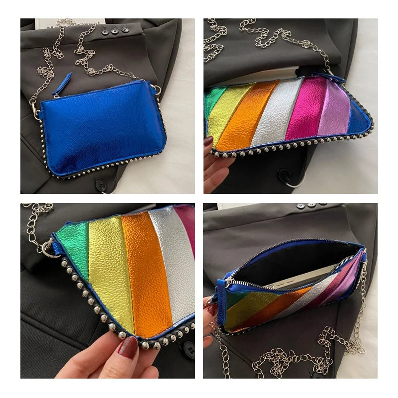 Regenbogen Gestreifte Damen Tasche – Leichte Ketten Crossbody, Schulter & Clutch Handtasche | Modische Handy Tasche Kaufschwan®