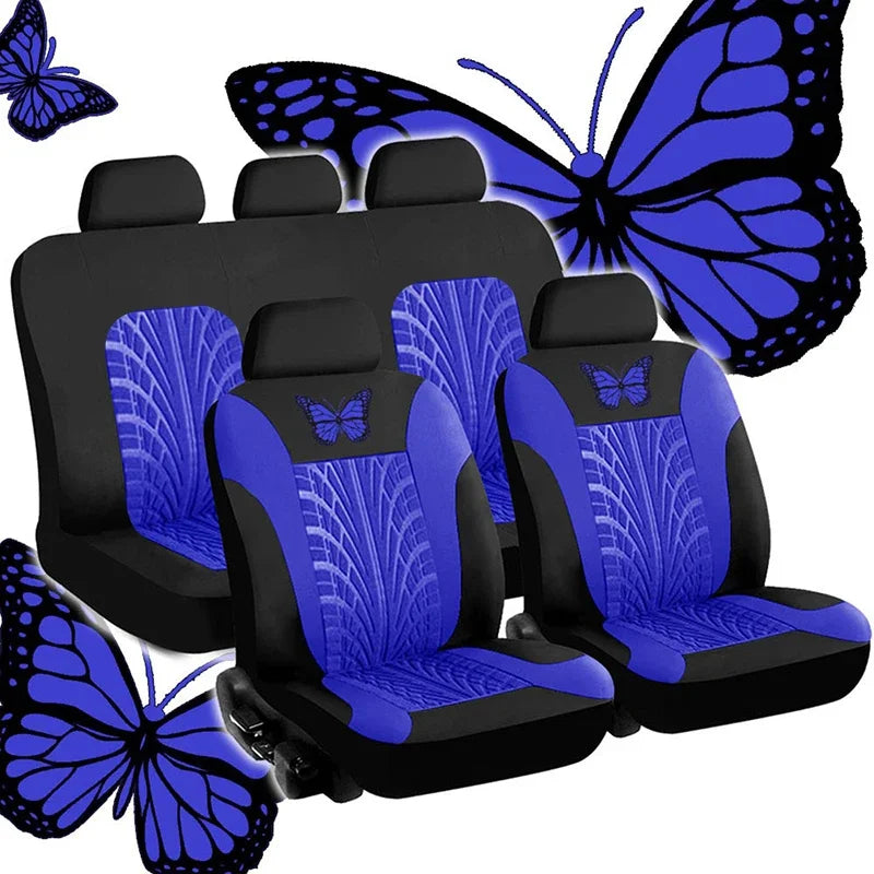 Universelles Autositzbezüge-Set – Vollständiges Set mit eleganter Schmetterlingsstickerei für Auto, SUV, Van & LKW Kaufschwan® Blau (5 Sitze)