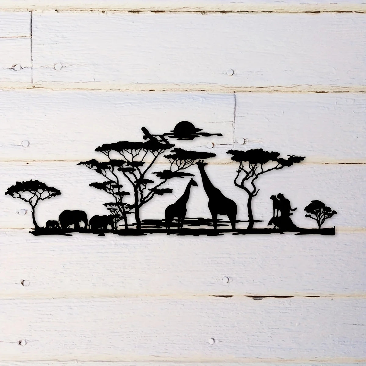 Afrikanische Tier Metall Wanddeko – Elefant, Giraffe, Löwe und Baum Design Kaufschwan®