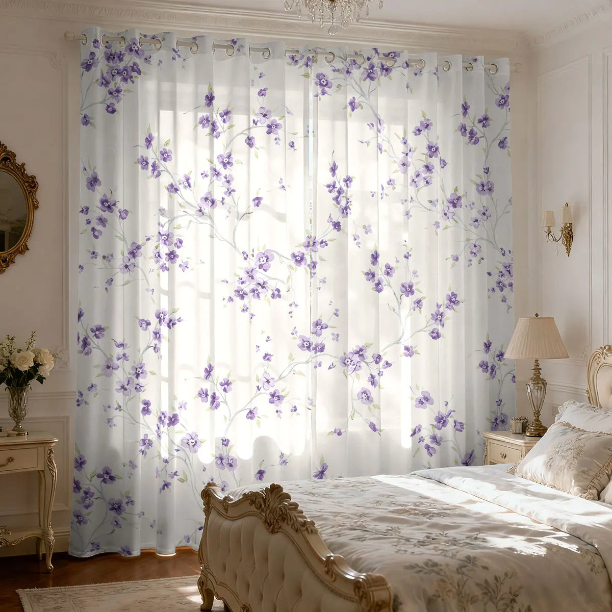 Lavendel Blumen Print Vorhang Isoliert für Wohnzimmer Schlafzimmer Dekoration 2 Stück/Set Kaufschwan® Weiß - Lila 200x220 Ösenverschluss