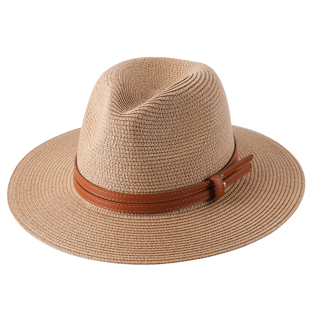 Großer Strohhut für Damen & Herren – Sommer Fedora mit breiter Krempe, Strand Sonnenhut mit UV-Schutz Kaufschwan® Khaki 56-58cm