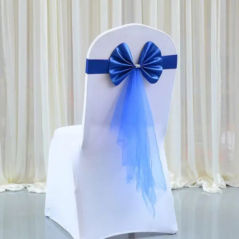 Stuhlschleife aus Stretch-Spandex mit Organza Schmetterlingsband – Elegante Stuhldekoration Kaufschwan® Blau