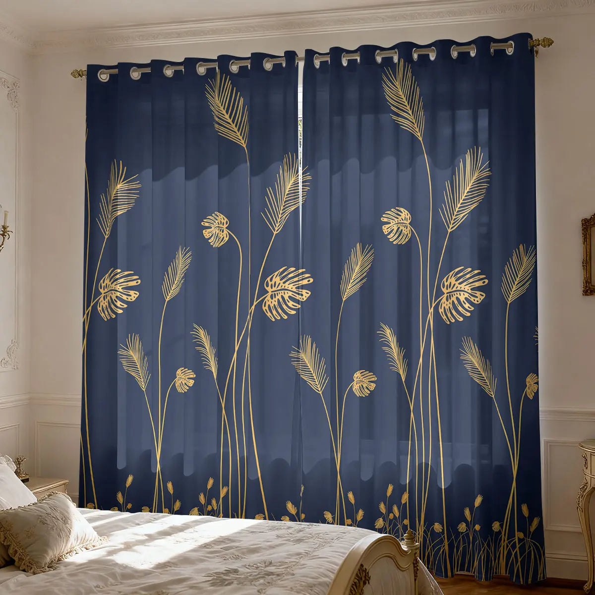 Schilf Pflanzen Print Wollvorhang Lichtblockierend Isoliert für Wohnzimmer Schlafzimmer 2 Stück/Set Kaufschwan® Dunkelblau - Gold 264x242 cm Ösenverschluss